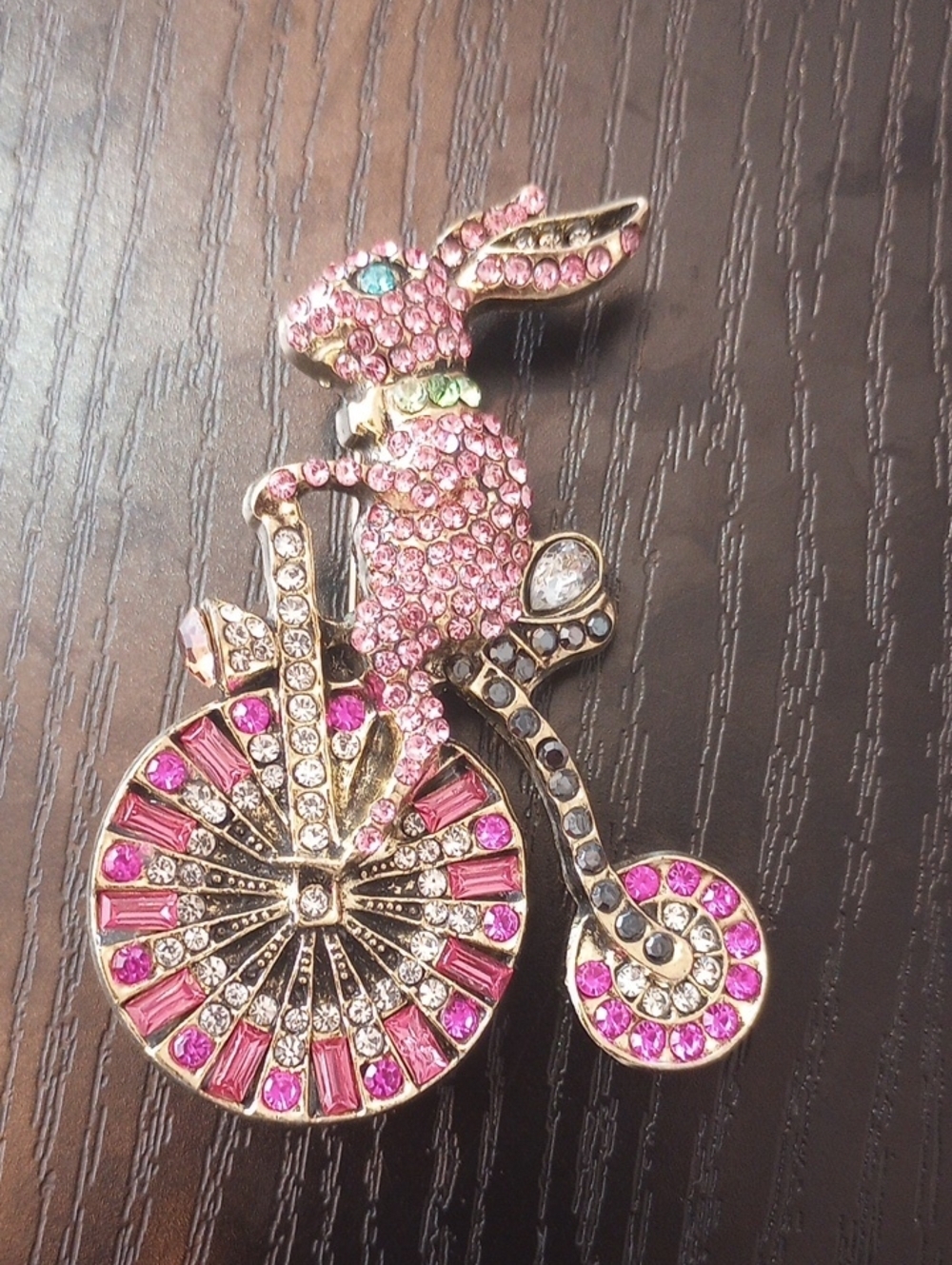 Pink Rhinestone Bunny on Vintage Bicycle Brooch